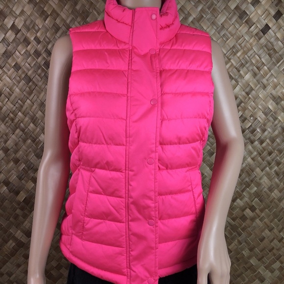pink sleeveless puffer jacket